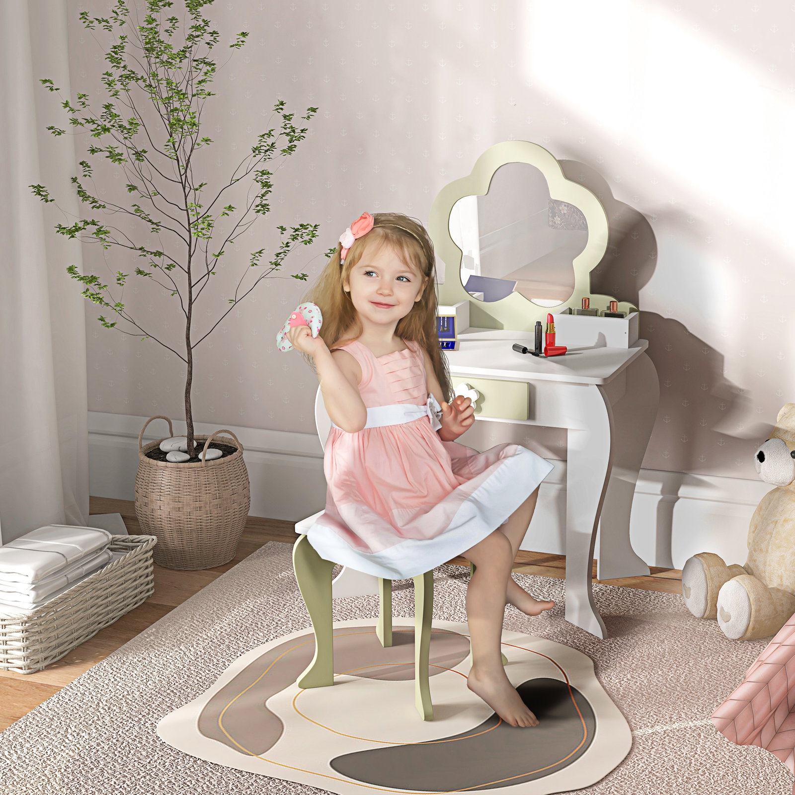 Toucador crianças com espelho e banco toucador de maquilhagem para crianças de 3-6 anos 55x34x87,5 cm branco e verde pastel