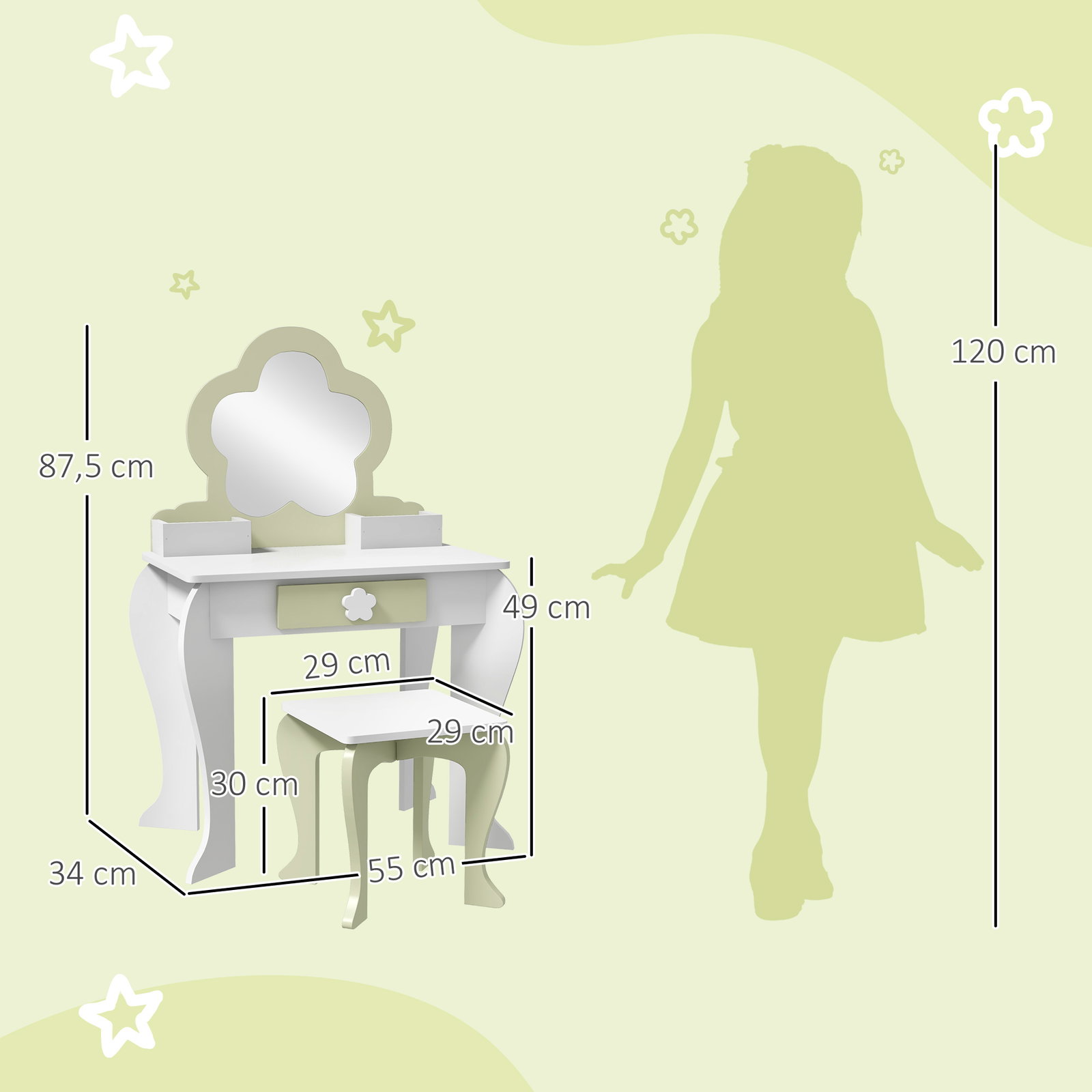 Toucador crianças com espelho e banco toucador de maquilhagem para crianças de 3-6 anos 55x34x87,5 cm branco e verde pastel