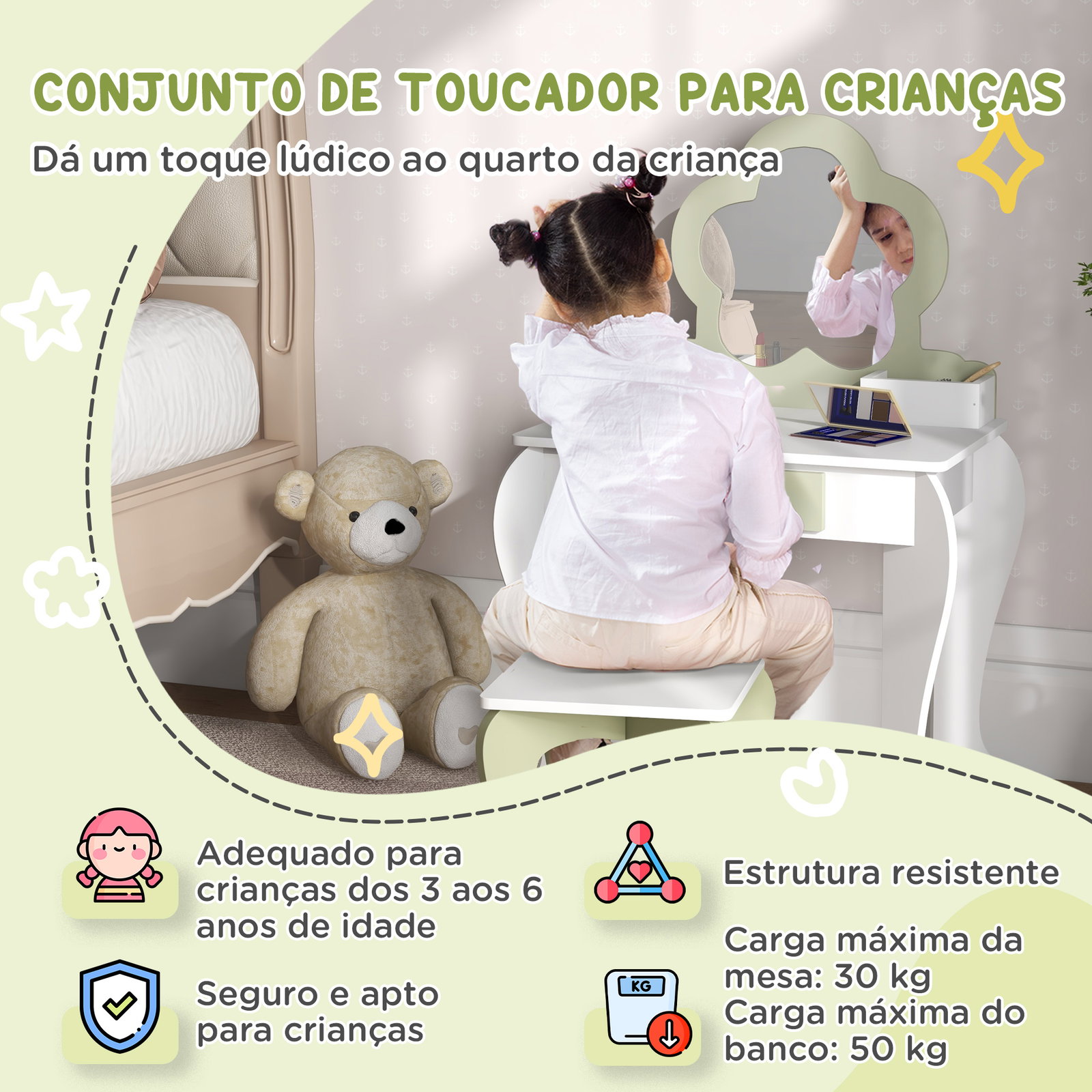 Toucador crianças com espelho e banco toucador de maquilhagem para crianças de 3-6 anos 55x34x87,5 cm branco e verde pastel
