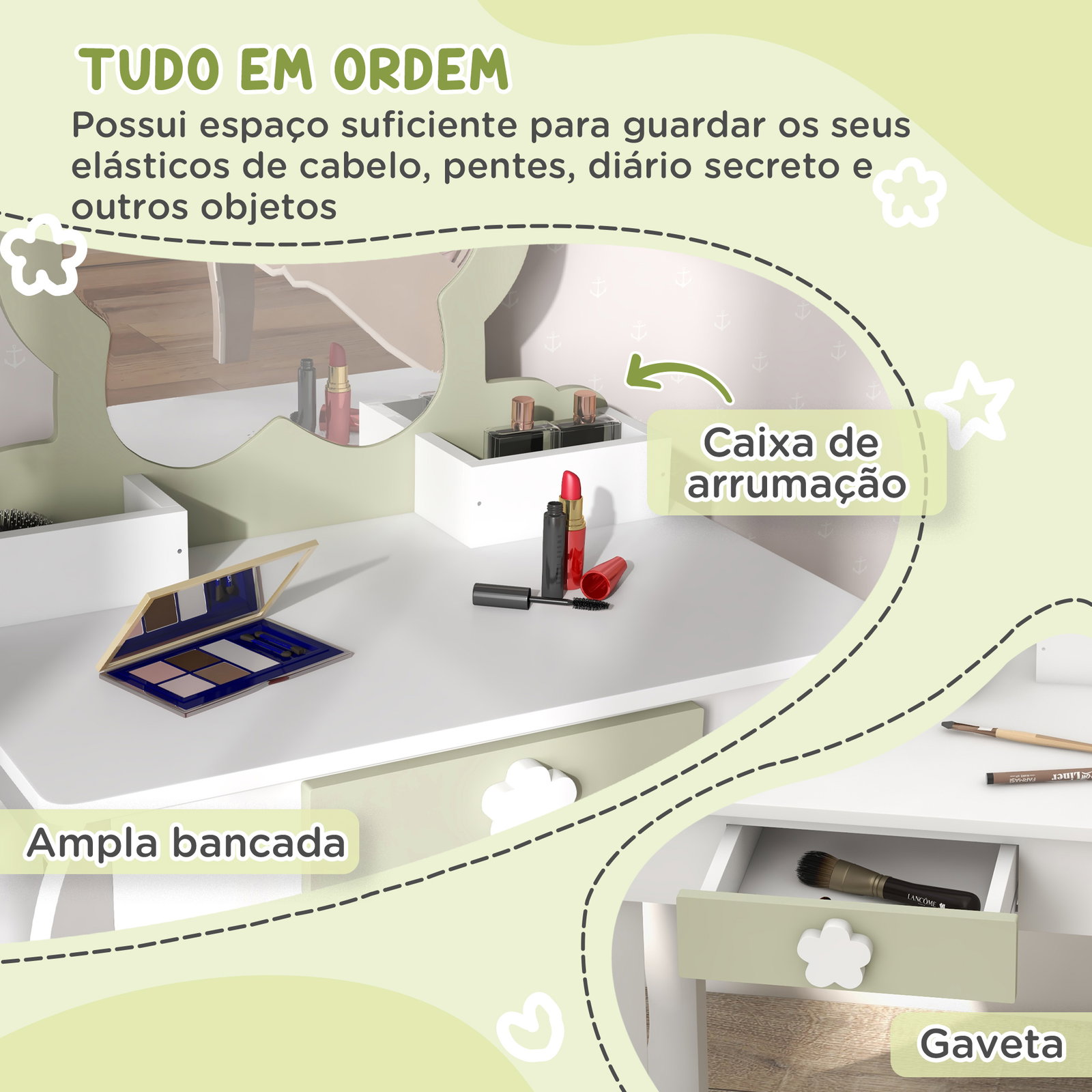Toucador crianças com espelho e banco toucador de maquilhagem para crianças de 3-6 anos 55x34x87,5 cm branco e verde pastel