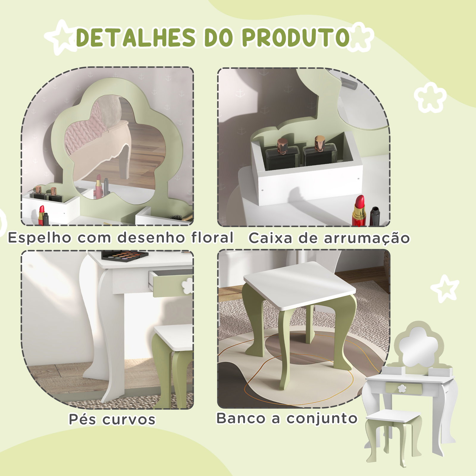 Toucador crianças com espelho e banco toucador de maquilhagem para crianças de 3-6 anos 55x34x87,5 cm branco e verde pastel