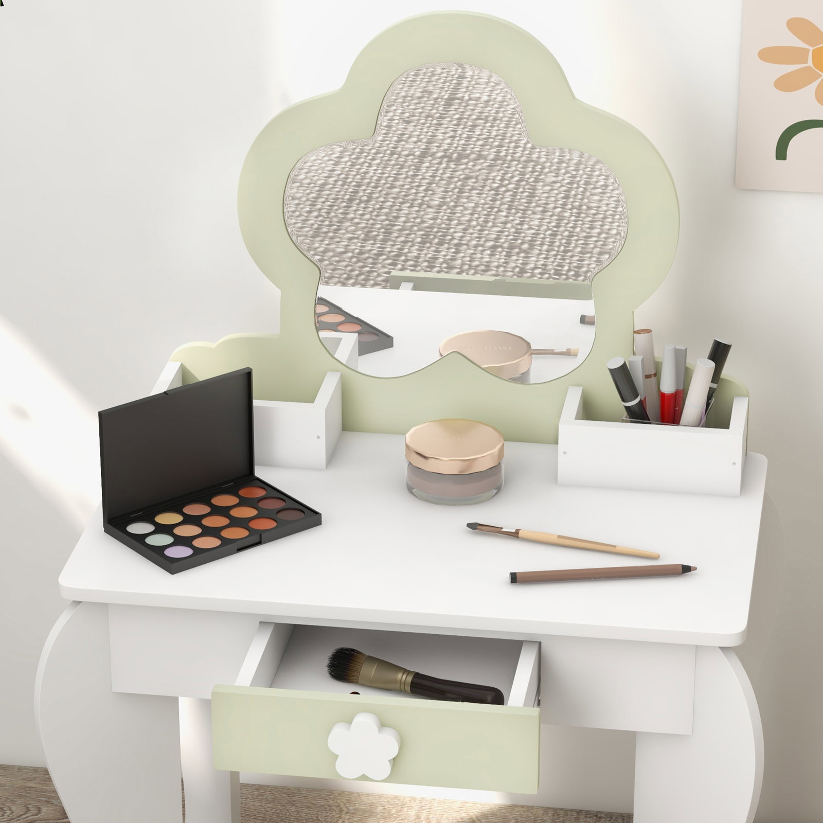 Toucador crianças com espelho e banco toucador de maquilhagem para crianças de 3-6 anos 55x34x87,5 cm branco e verde pastel