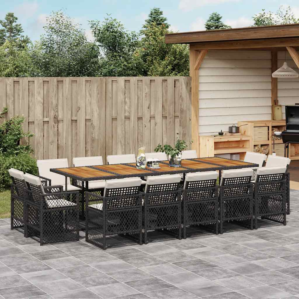 15 Pcs conjunto de jantar p/jardim com almofadões vime PE preto