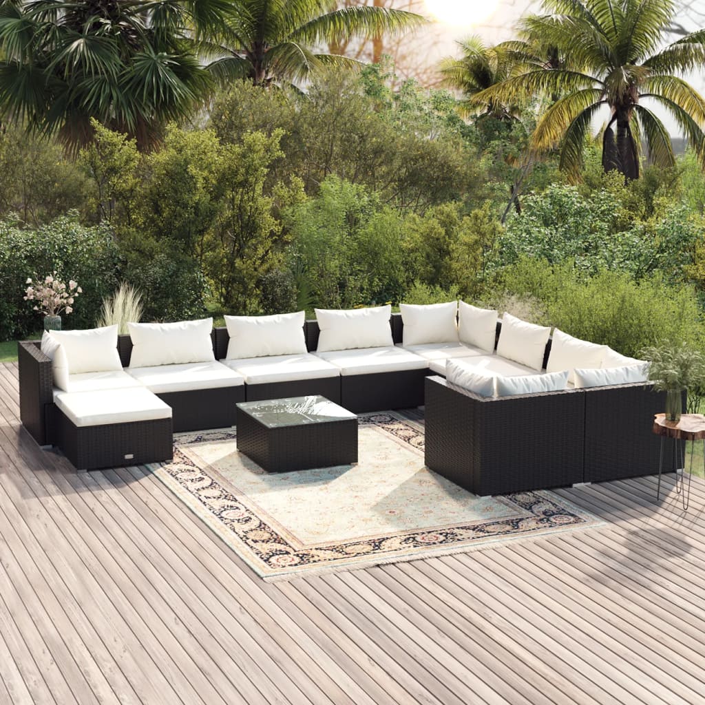 11 Pcs conjunto lounge de jardim c/ almofadões vime PE preto
