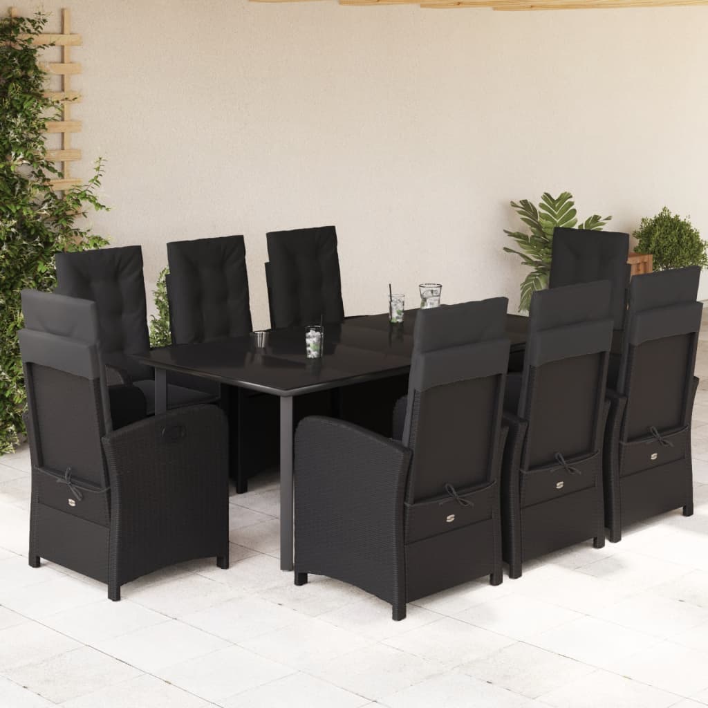 9 Pcs conjunto de jantar p/ jardim c/ almofadões vime PE preto