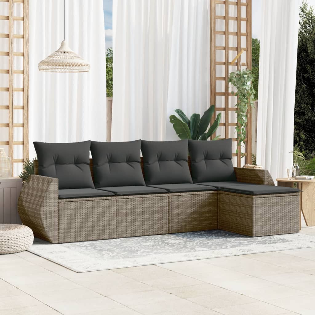5 Pcs conjunto sofás de jardim c/ almofadões vime PE cinzento