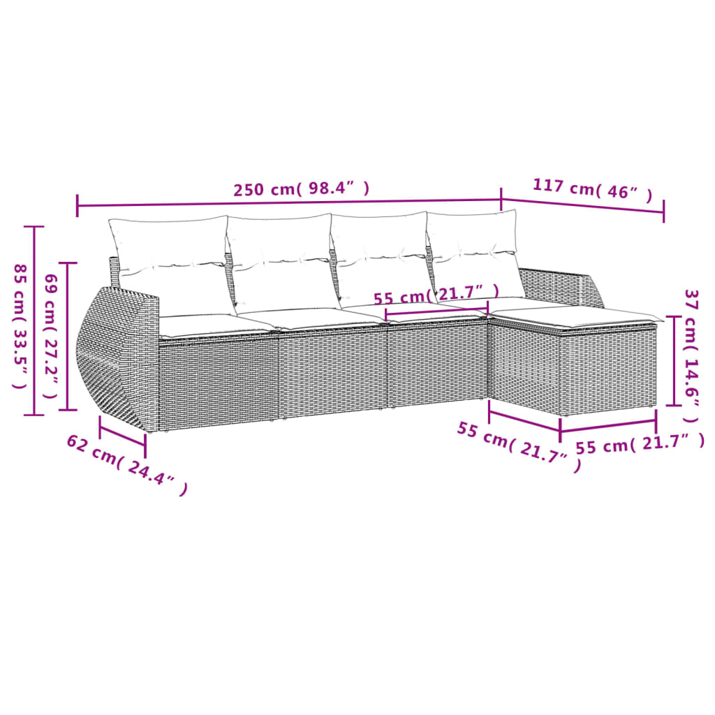 5 Pcs conjunto sofás de jardim c/ almofadões vime PE cinzento