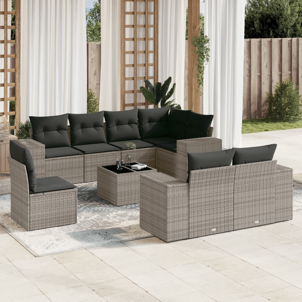 9 Pcs conjunto sofás p/ jardim com almofadões vime PE cinzento