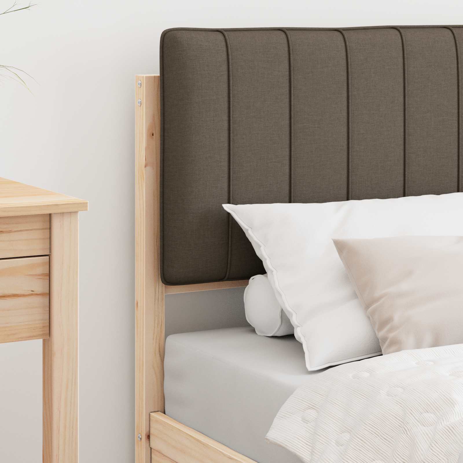 Estrutura de cama com cabeceira estofada cinzento-acastanhado