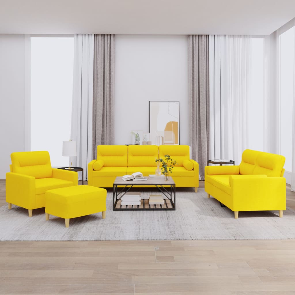 4 Pcs conjunto de sofás com almofadas tecido amarelo-claro