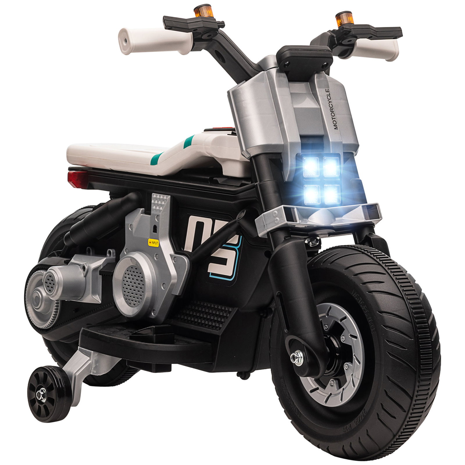 Mota elétrica infantil 6v com farol música buzina velocidade 3km/h avance e retrocesso 86x44x58cm preto e branco