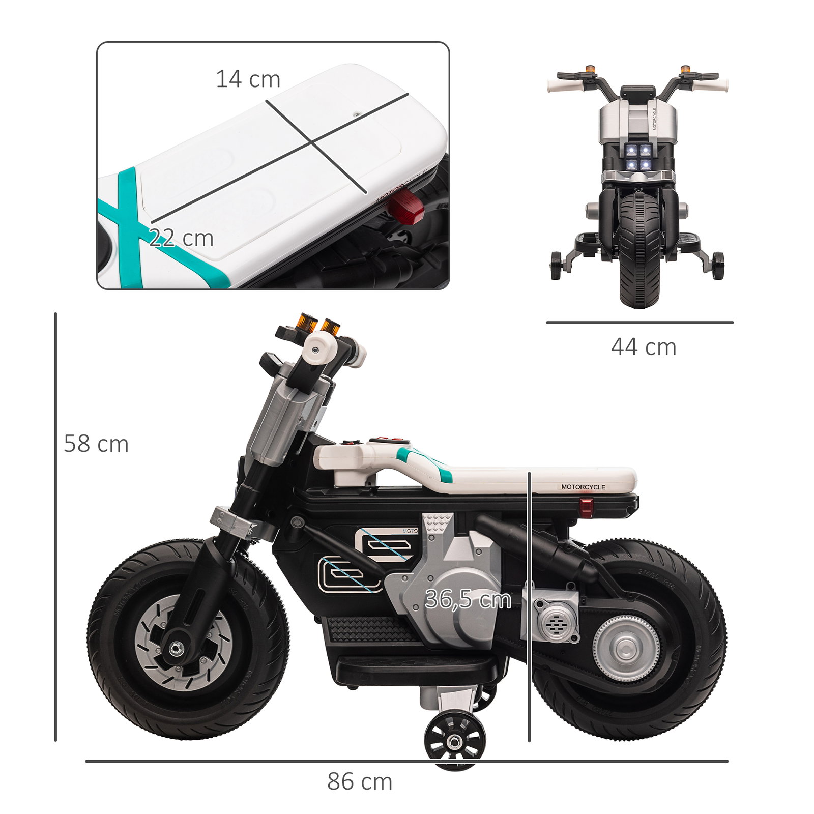 Mota elétrica infantil 6v com farol música buzina velocidade 3km/h avance e retrocesso 86x44x58cm preto e branco