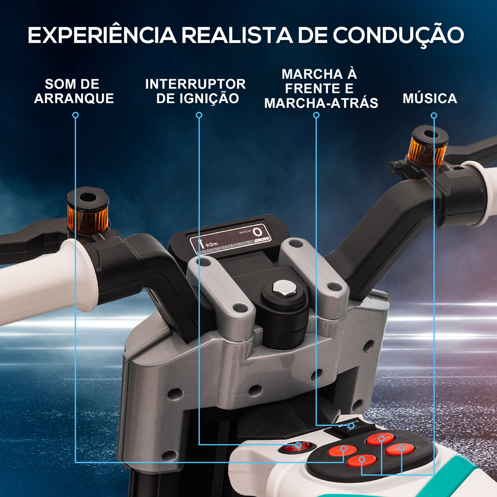 Mota elétrica infantil 6v com farol música buzina velocidade 3km/h avance e retrocesso 86x44x58cm preto e branco