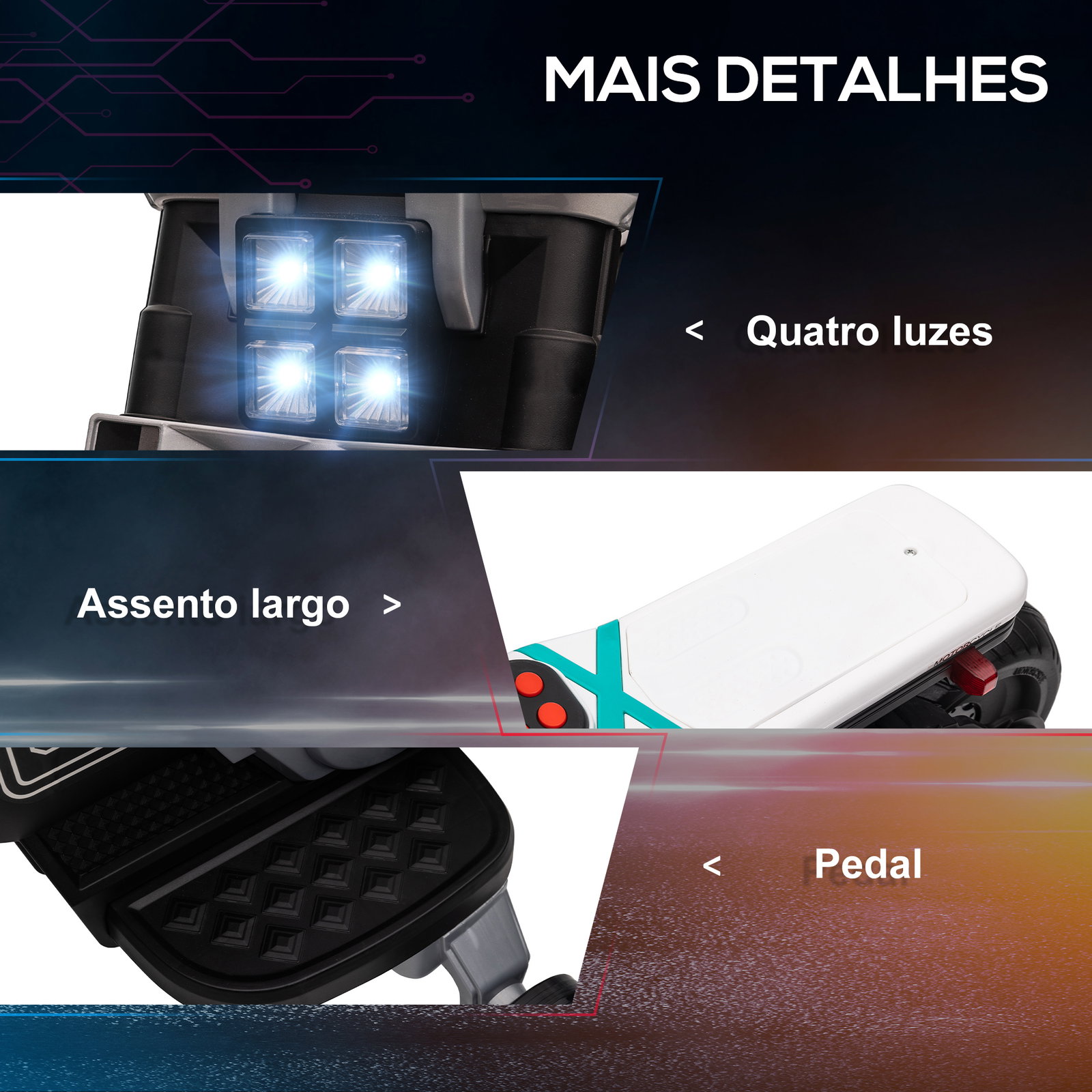 Mota elétrica infantil 6v com farol música buzina velocidade 3km/h avance e retrocesso 86x44x58cm preto e branco