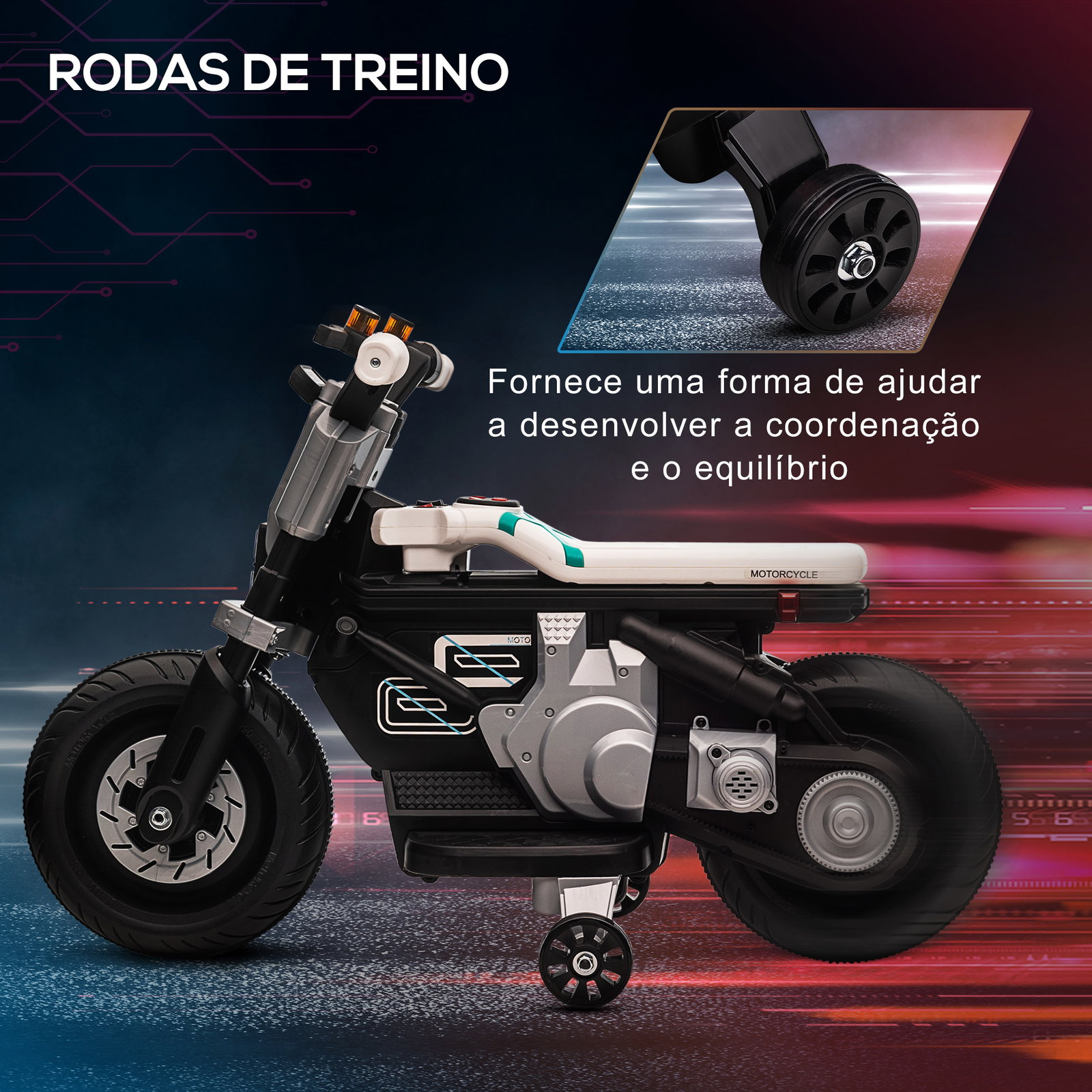 Mota elétrica infantil 6v com farol música buzina velocidade 3km/h avance e retrocesso 86x44x58cm preto e branco