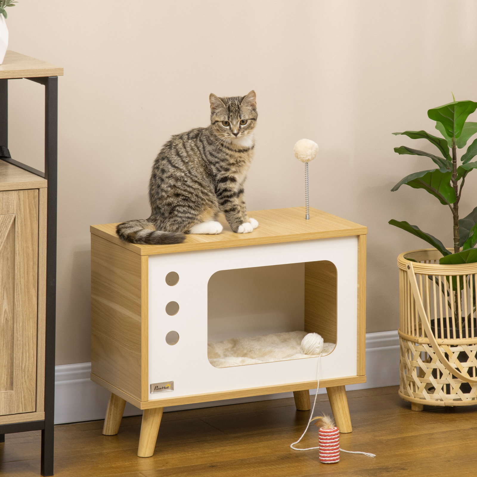 Mesa auxiliar casa para gatos estilo televisor com almofada suave lavável bola e pés elevados 50x28x43cm carvalho