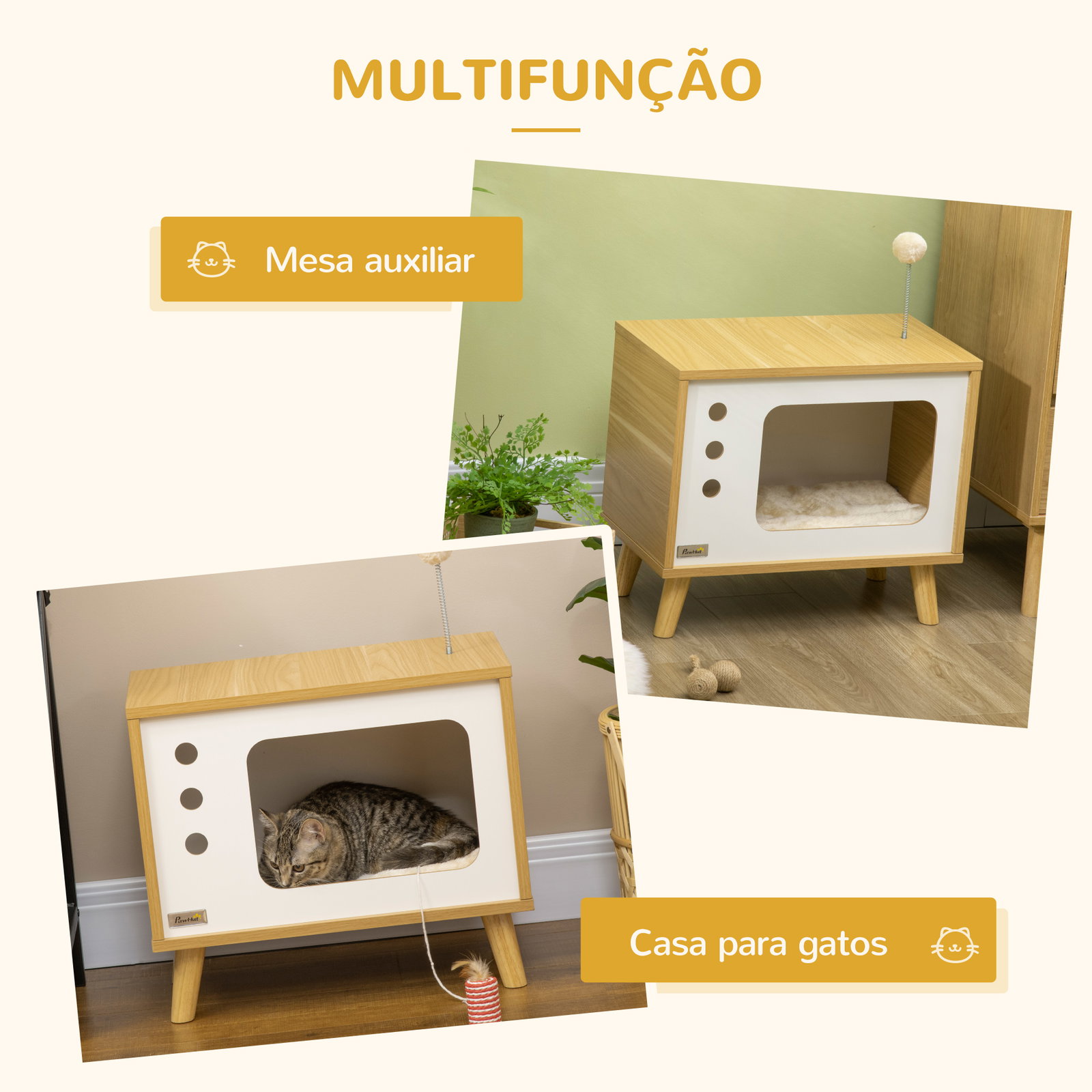 Mesa auxiliar casa para gatos estilo televisor com almofada suave lavável bola e pés elevados 50x28x43cm carvalho