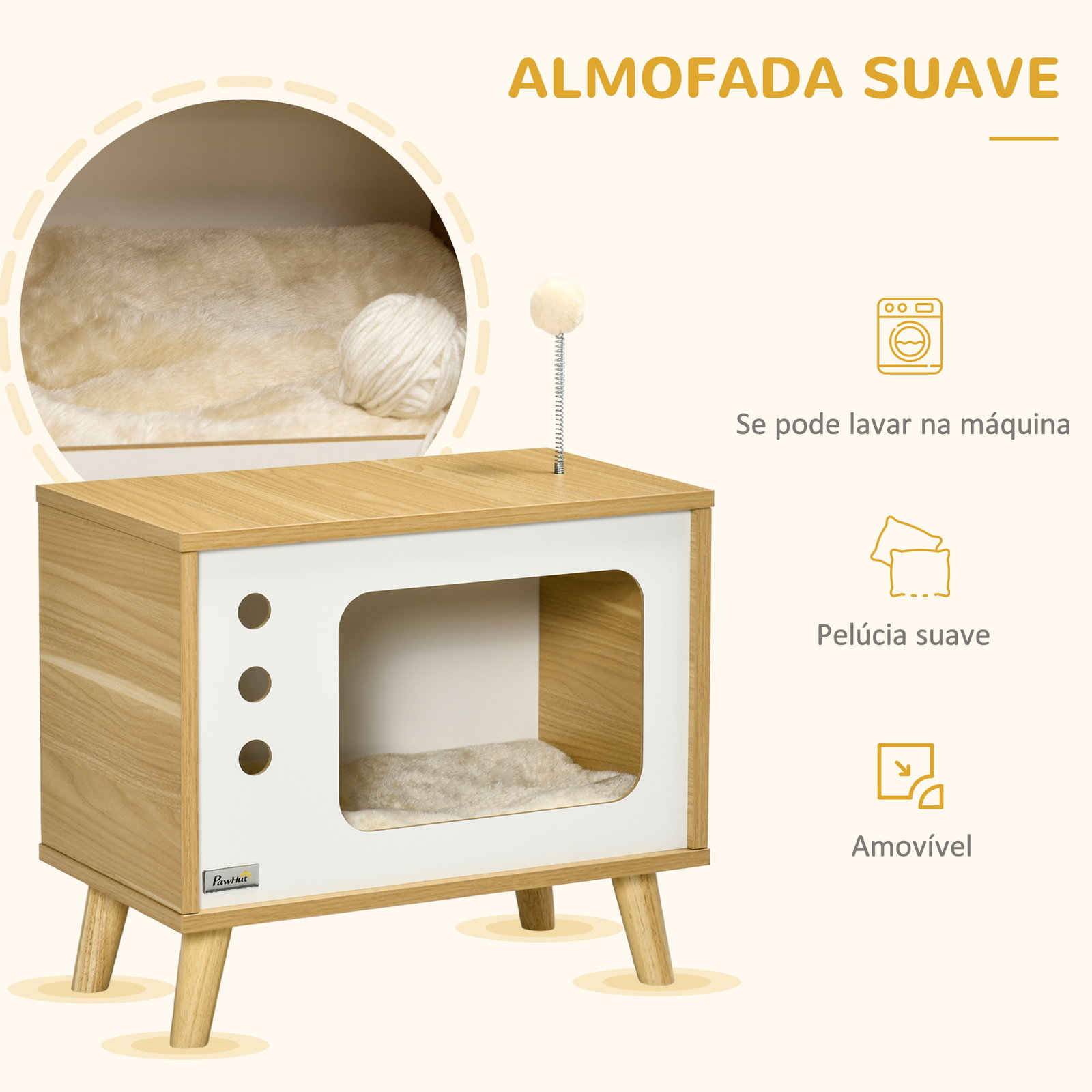 Mesa auxiliar casa para gatos estilo televisor com almofada suave lavável bola e pés elevados 50x28x43cm carvalho