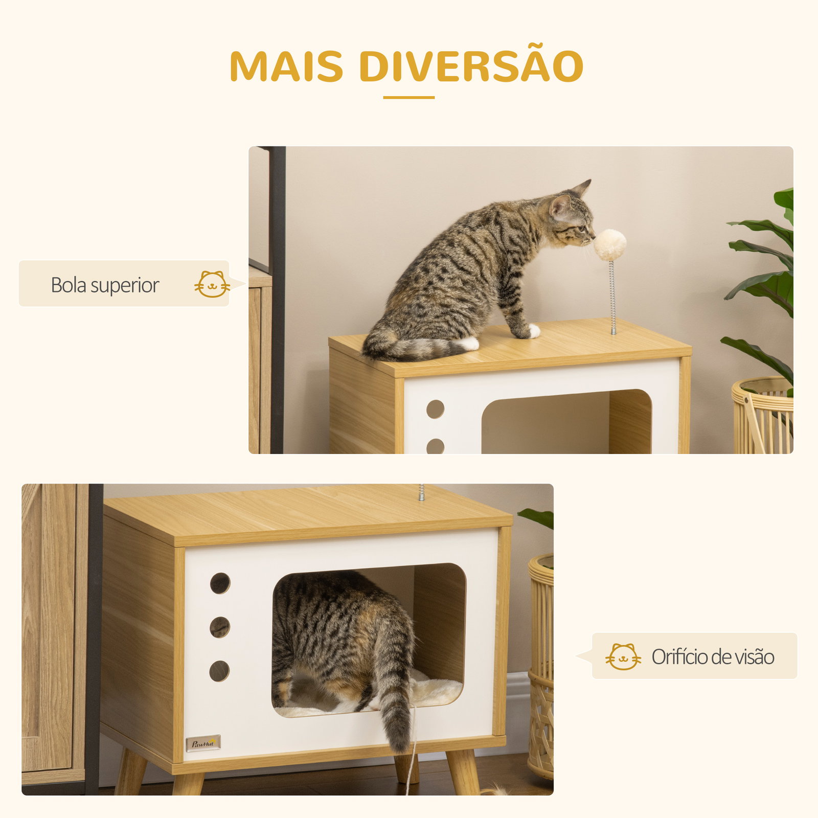 Mesa auxiliar casa para gatos estilo televisor com almofada suave lavável bola e pés elevados 50x28x43cm carvalho