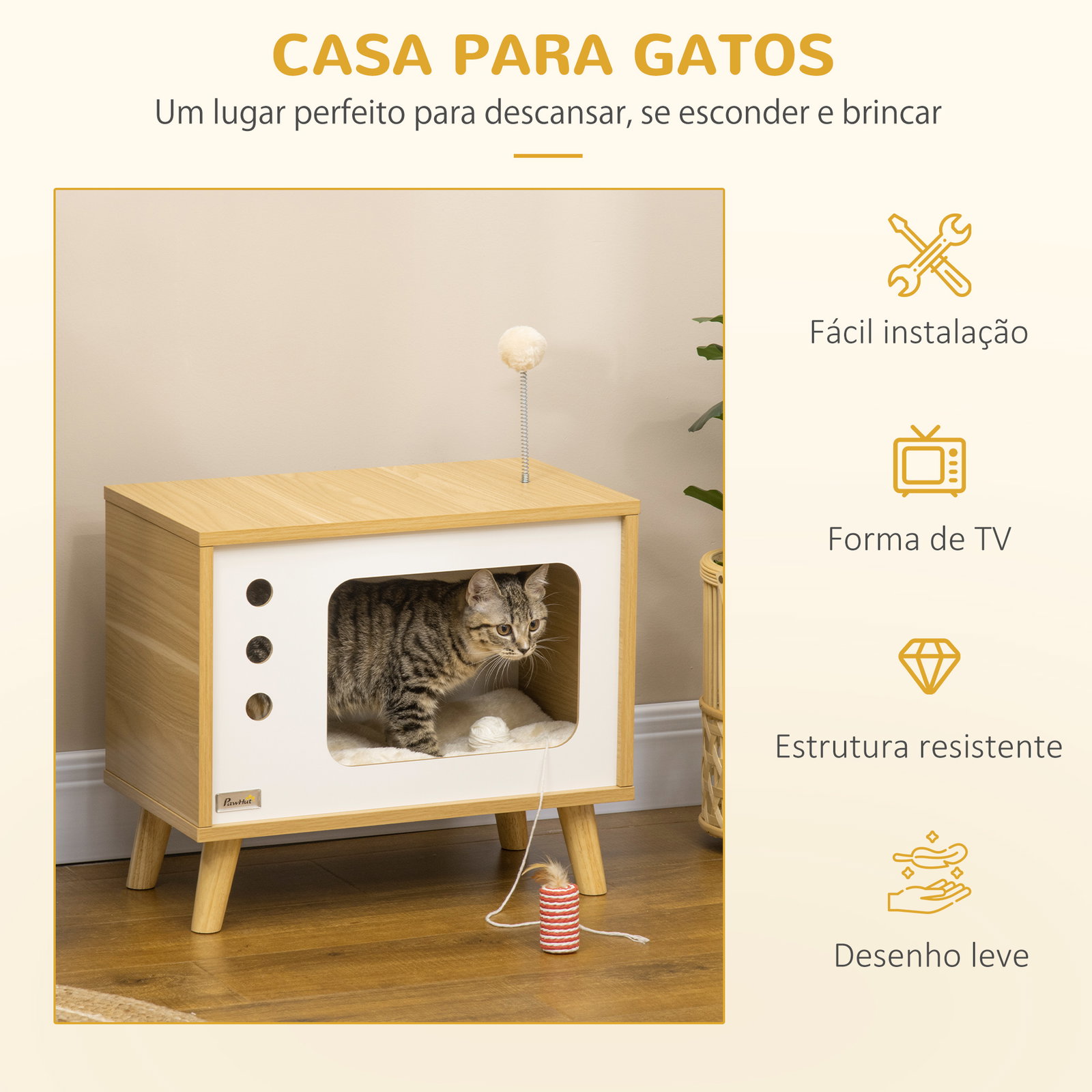Mesa auxiliar casa para gatos estilo televisor com almofada suave lavável bola e pés elevados 50x28x43cm carvalho