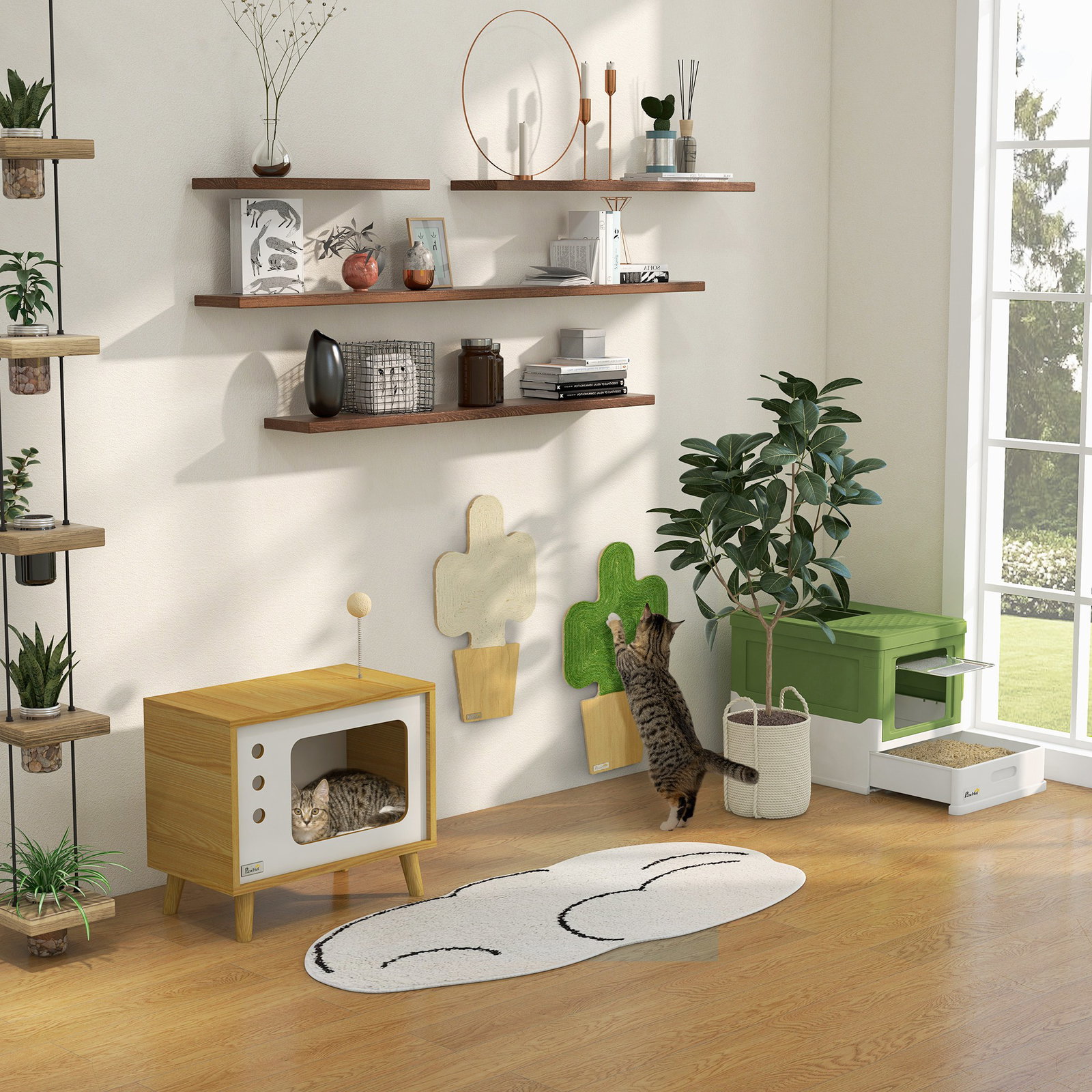 Mesa auxiliar casa para gatos estilo televisor com almofada suave lavável bola e pés elevados 50x28x43cm carvalho