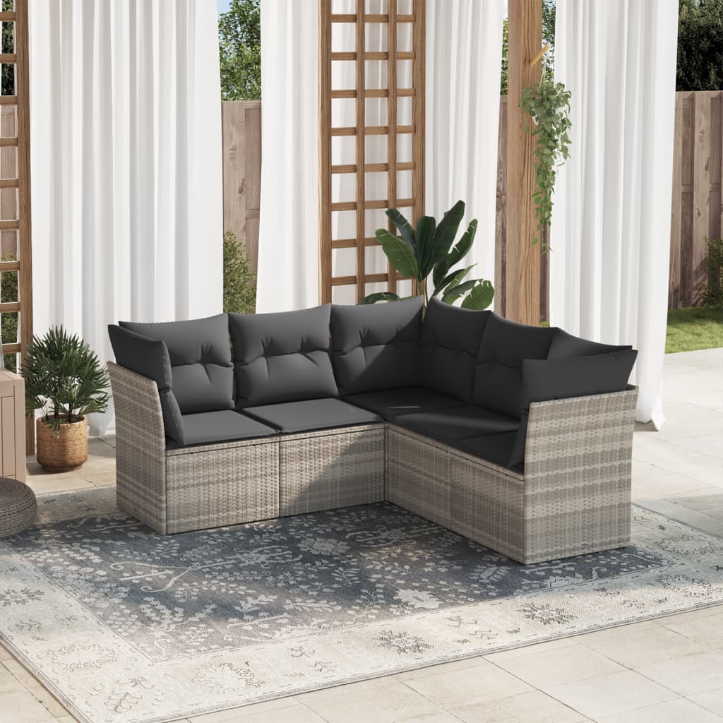 5 Pcs conj. sofás jardim c/ almofadões vime PE cinzento-claro