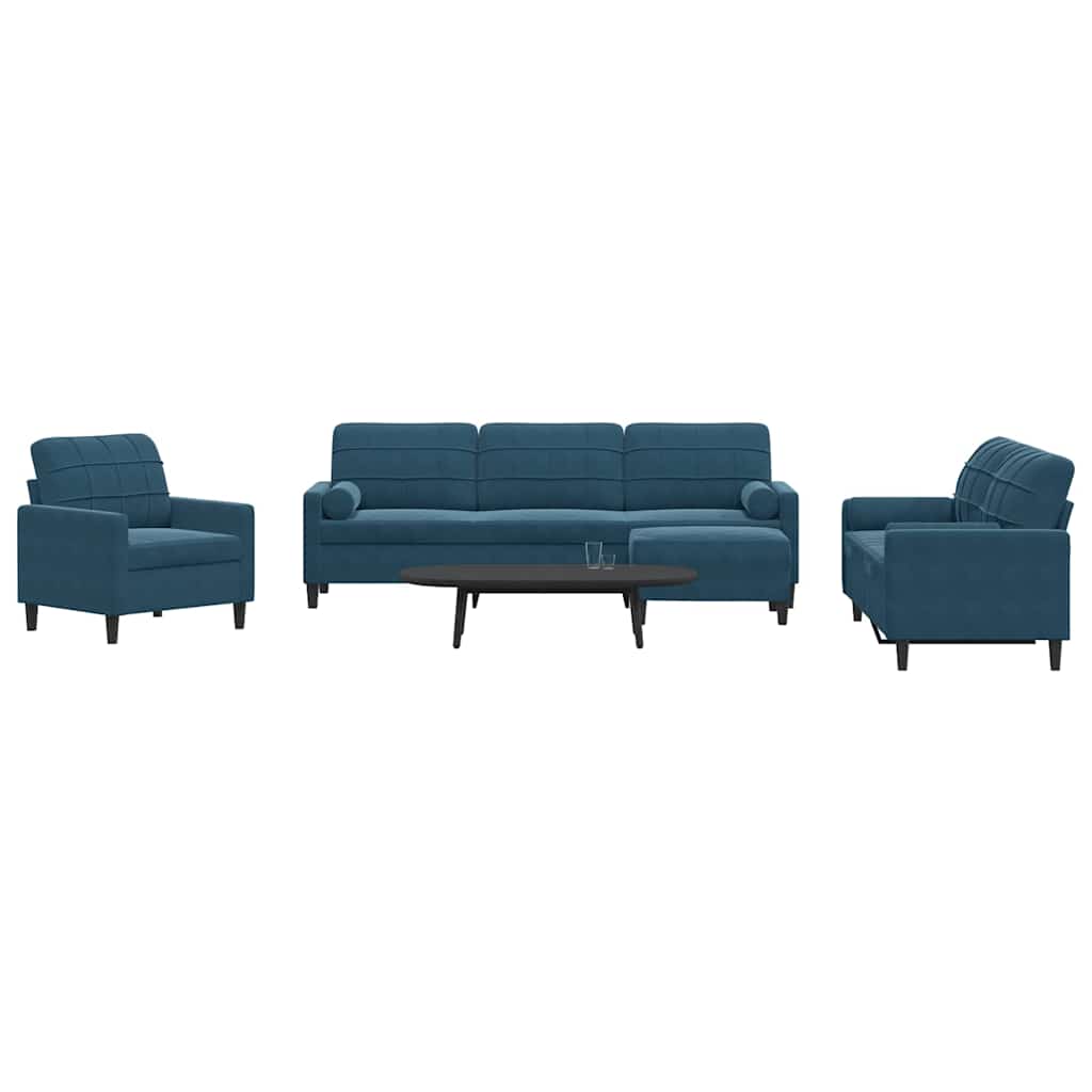 4 Pcs conjunto de sofás com almofadões e rolos veludo azul