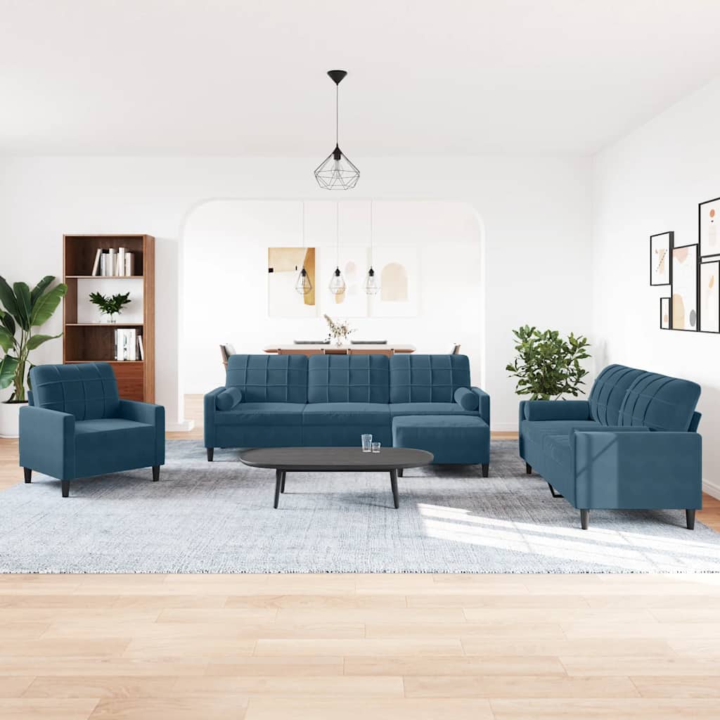 4 Pcs conjunto de sofás com almofadões e rolos veludo azul
