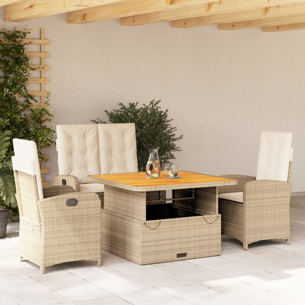 4 Pcs conjunto de jantar p/ jardim c/ almofadões vime PE bege