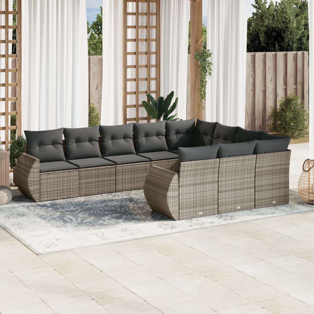 10 Pcs conjunto sofás de jardim c/ almofadões vime PE cinzento