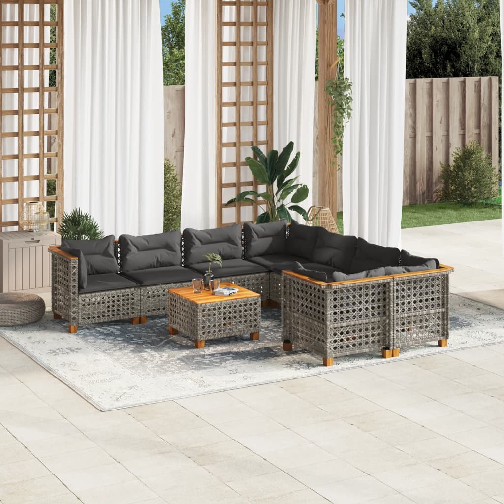 9 Pcs conjunto sofás p/ jardim com almofadões vime PE cinzento