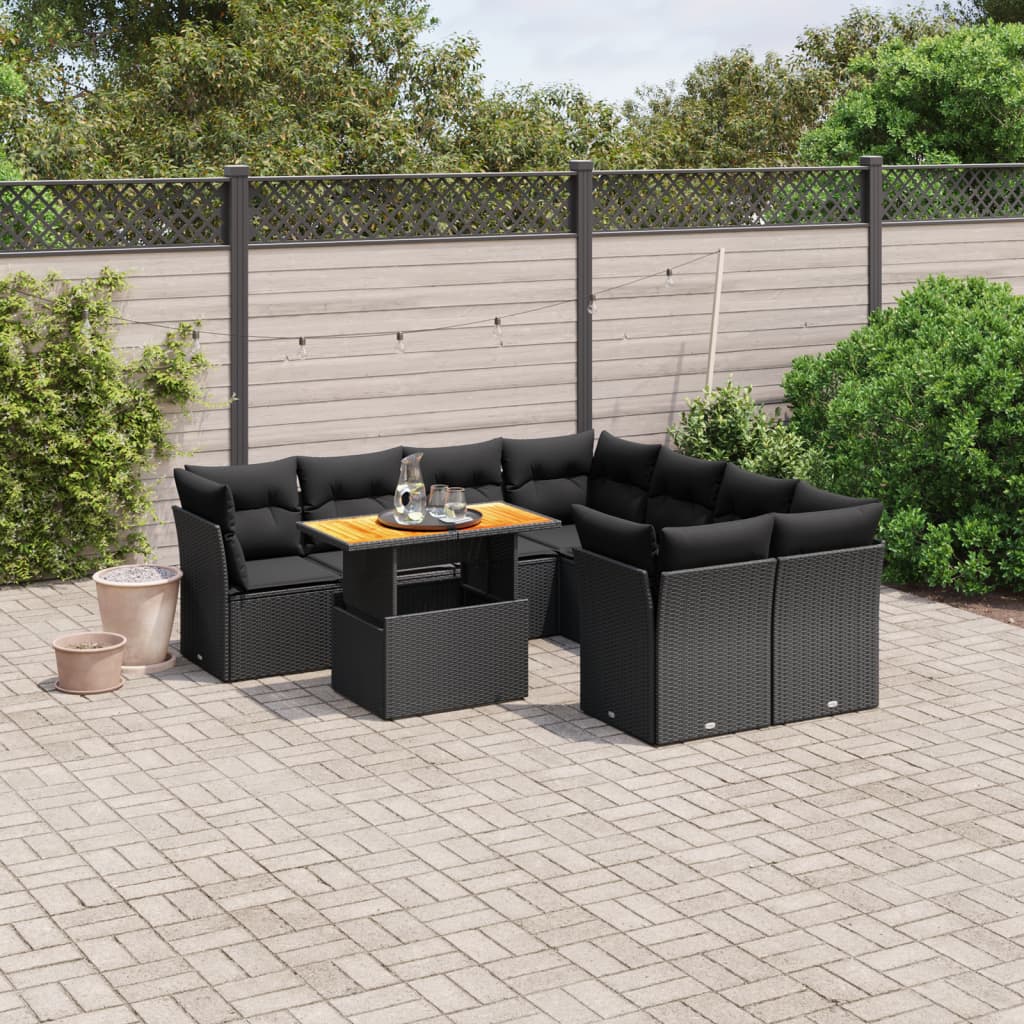 9 Pcs conjunto de sofás p/ jardim c/ almofadões vime PE preto