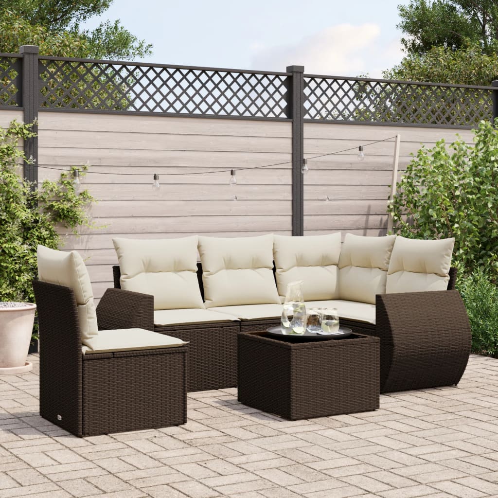 6 Pcs conjunto de sofás jardim c/ almofadões vime PE castanho