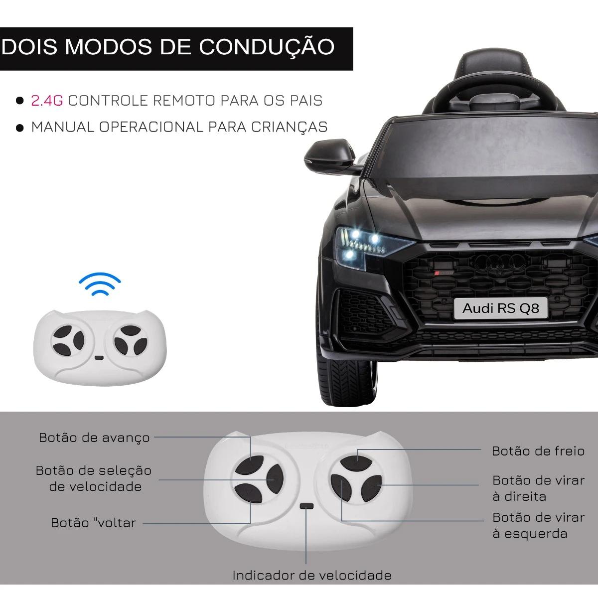 Carro Elétrico Infantil para Crianças de 3-5 Anos Licença Audi RS Q8 com Bateria 6V Controle a Distância Música MP3 Buzina e Luz