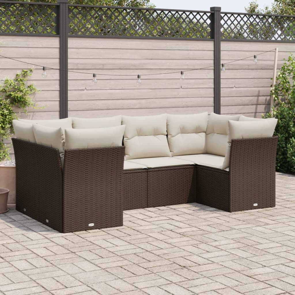 6 Pcs conjunto de sofás jardim c/ almofadões vime PE castanho