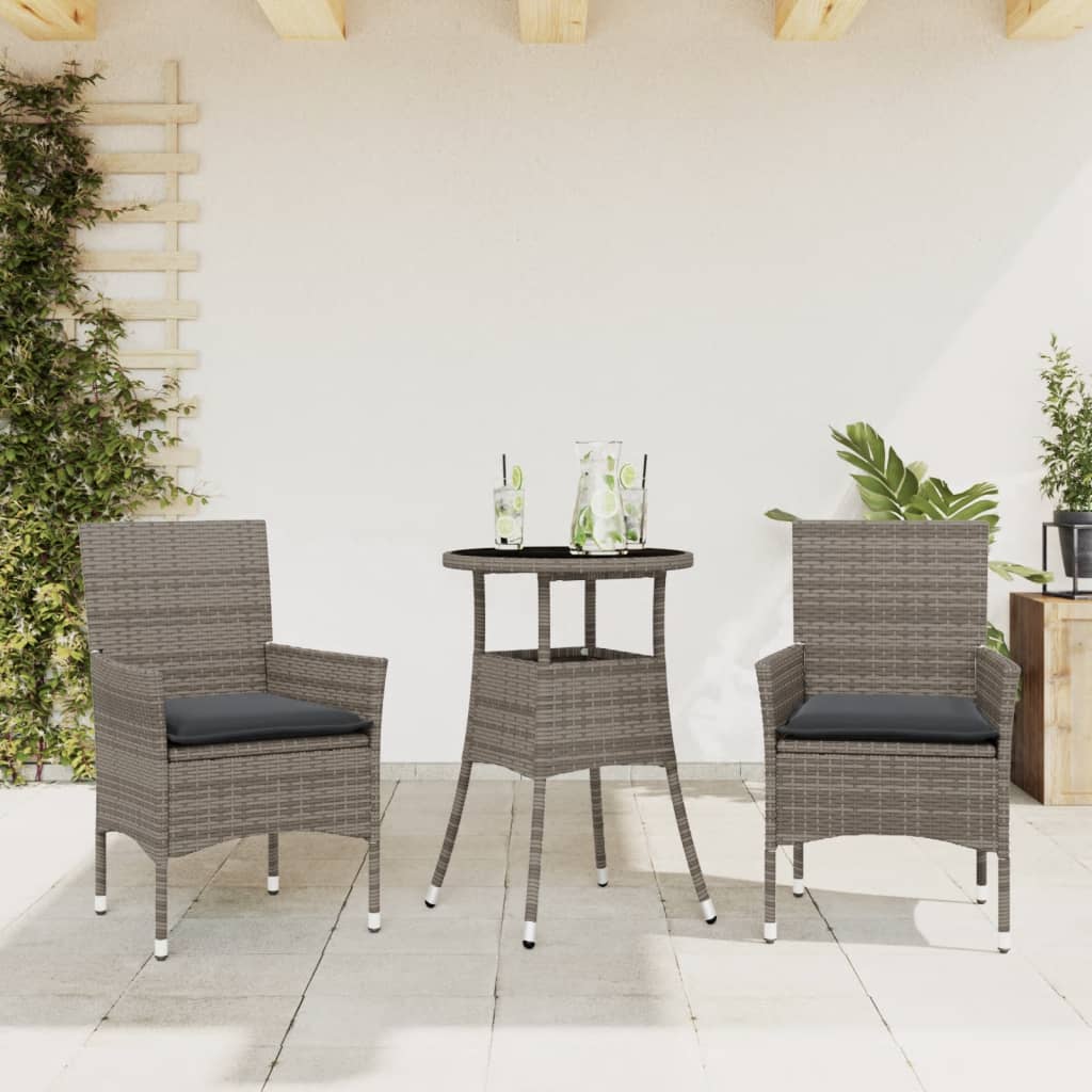 3 Pcs conjunto jantar jardim c/ almofadões vime PE/vidro cinza