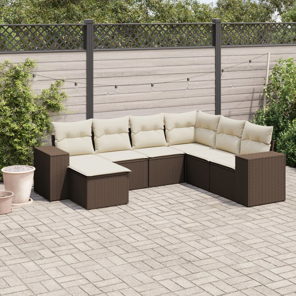 7 Pcs conjunto de sofás jardim c/ almofadões vime PE castanho