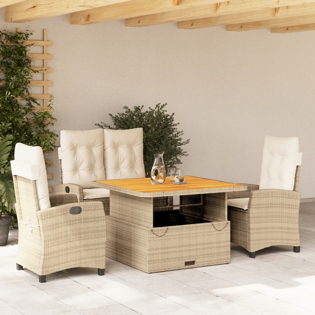4 Pcs conjunto de jantar p/ jardim c/ almofadões vime PE bege