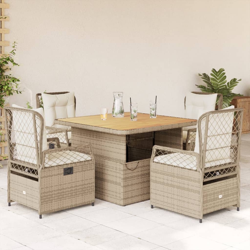 5 Pcs conjunto de jantar p/ jardim com almofadões vime PE bege