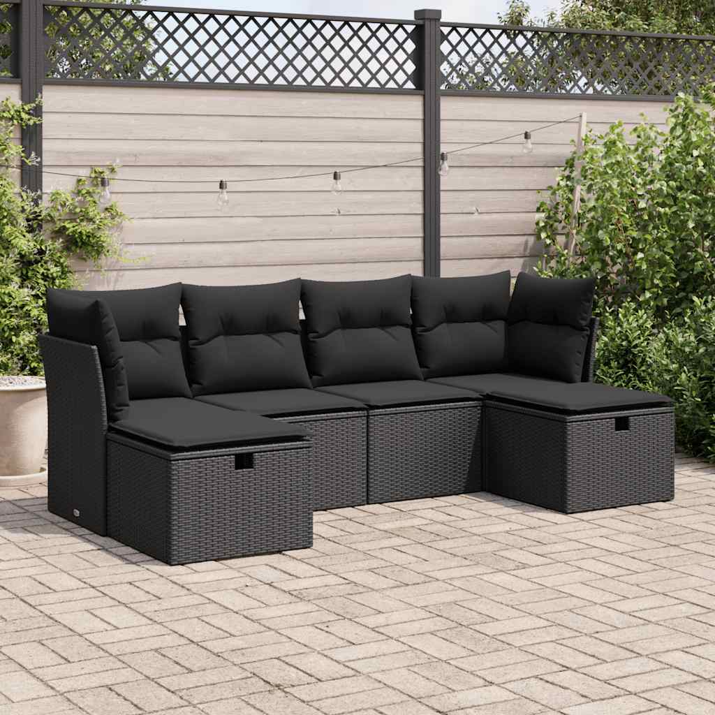 6 Pcs conjunto sofás de jardim c/ almofadões vime PE preto