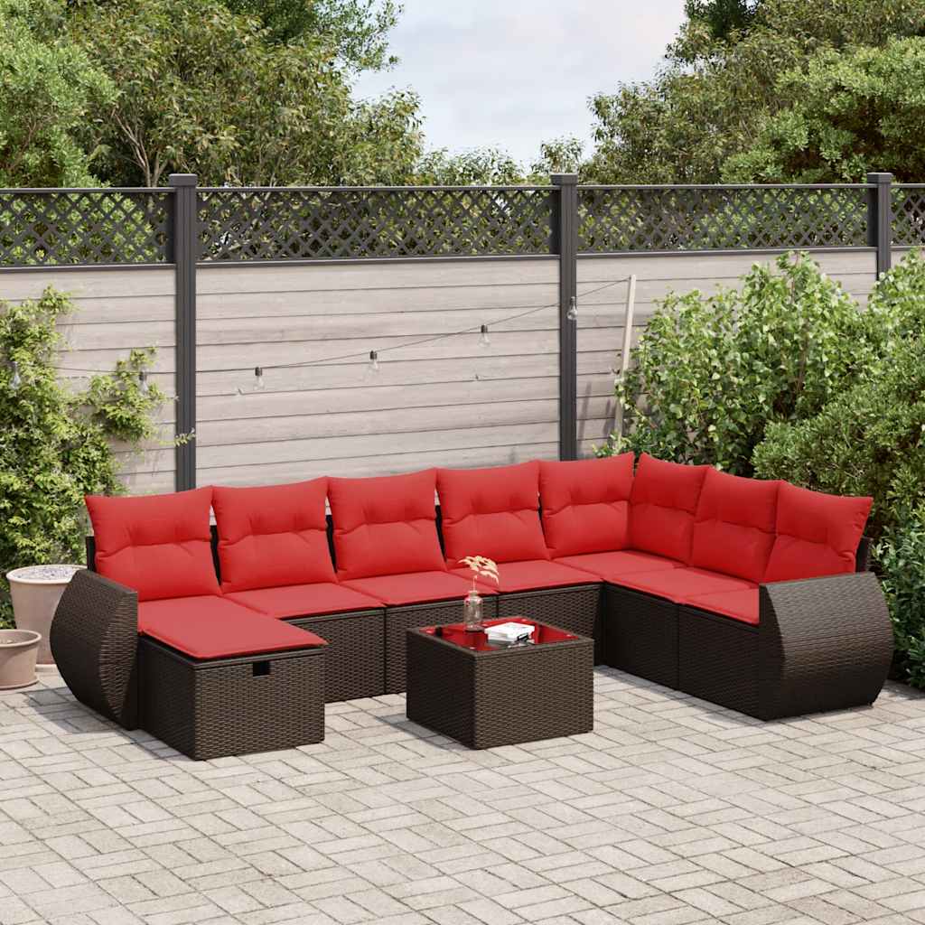 9 Pcs conjunto sofás p/ jardim c/ almofadões vime PE castanho