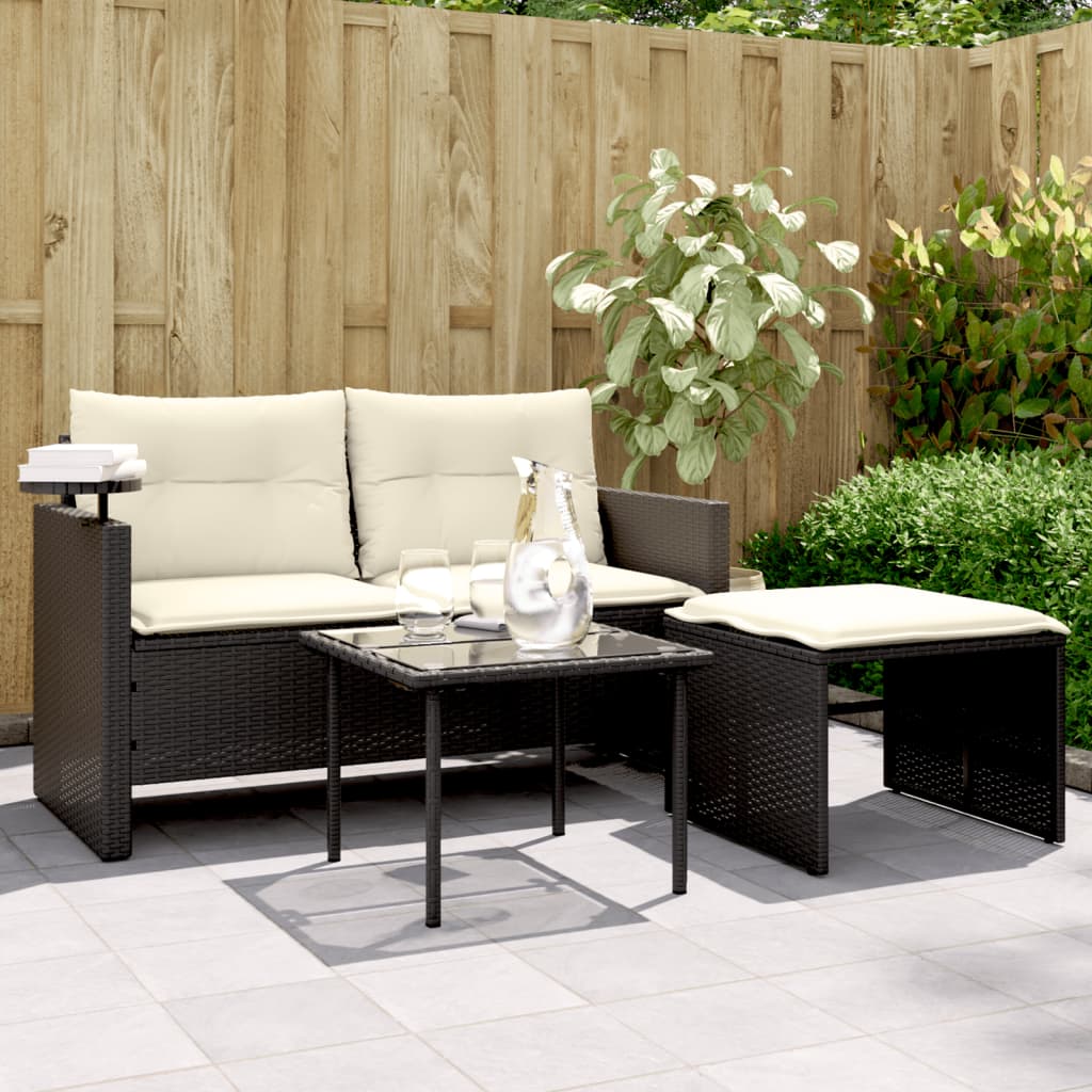 3 Pcs conjunto sofás de jardim com almofadões vime PE preto