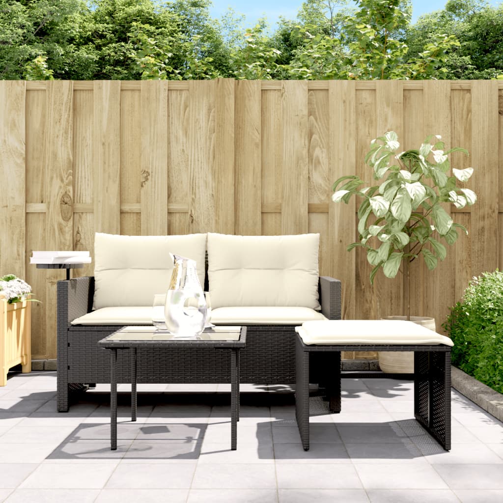 3 Pcs conjunto sofás de jardim com almofadões vime PE preto