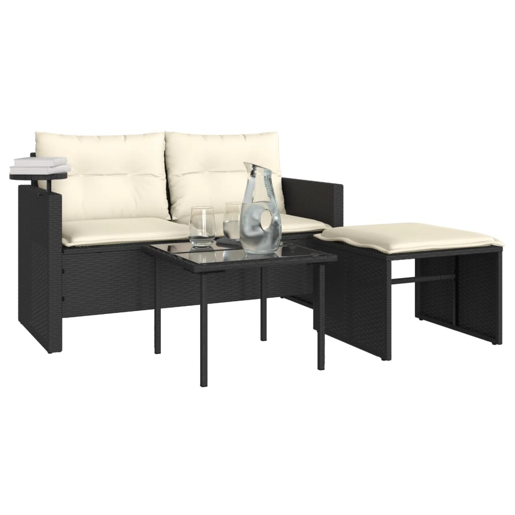 3 Pcs conjunto sofás de jardim com almofadões vime PE preto