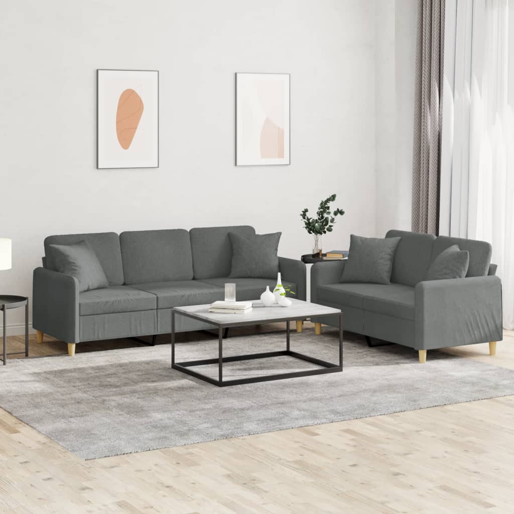 2 Pcs conjunto de sofás com almofadas tecido cinzento-escuro