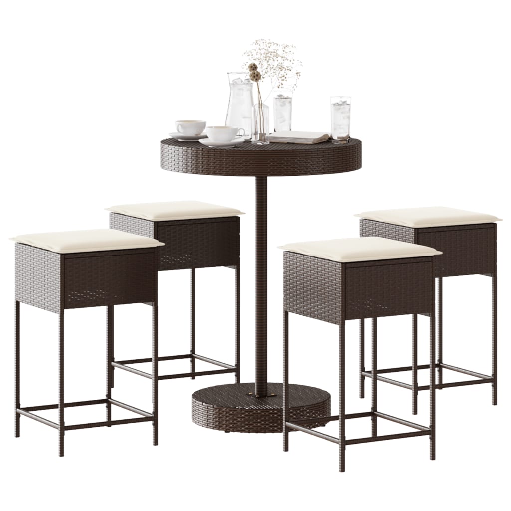 5 Pcs conjunto de bar p/ jardim c/ almofadões vime PE castanho