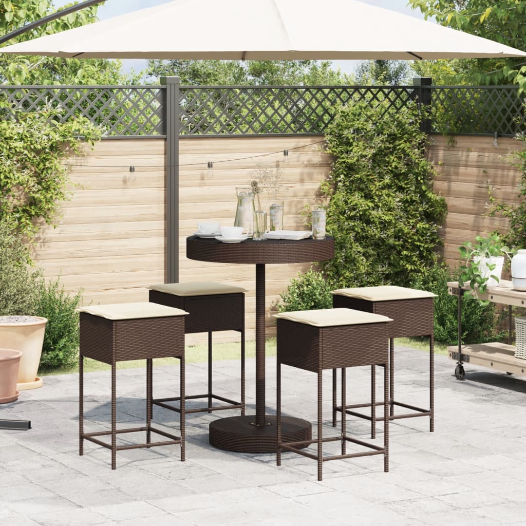 5 Pcs conjunto de bar p/ jardim c/ almofadões vime PE castanho