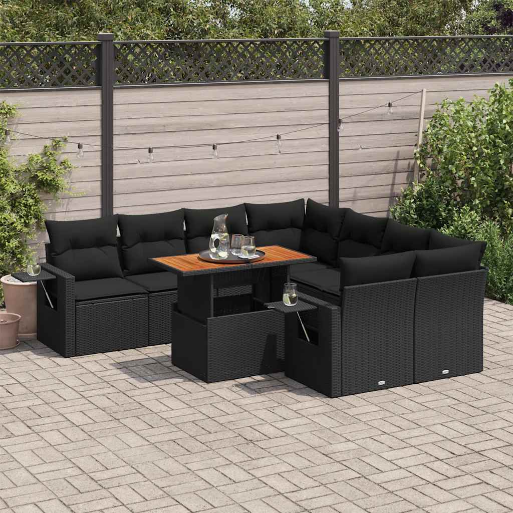 9 Pcs conjunto de sofás p/ jardim c/ almofadões vime PE preto