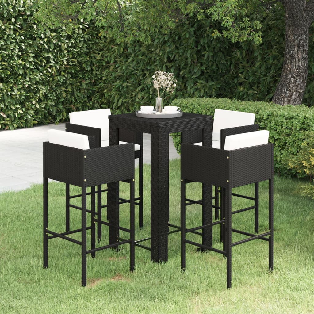5 Pcs conjunto de bar p/ jardim c/ almofadões vime PE preto