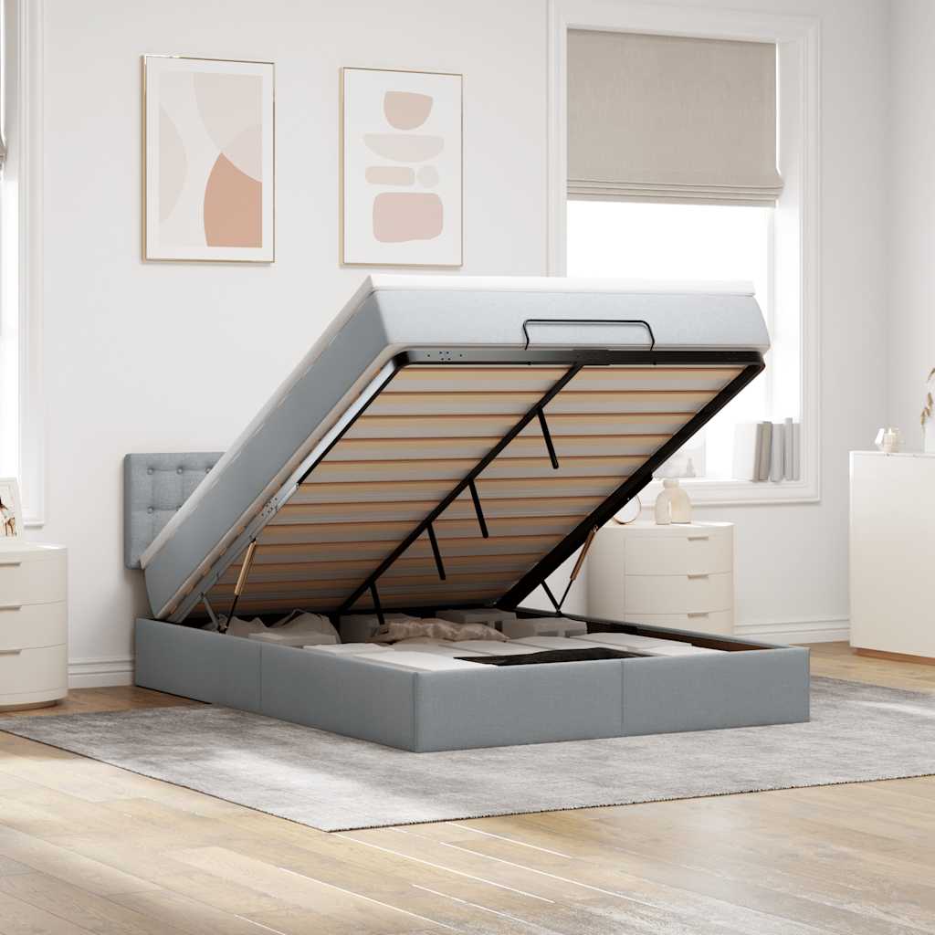 Estrutura cama otomana colchão 140x200cm tecido cinzento claro